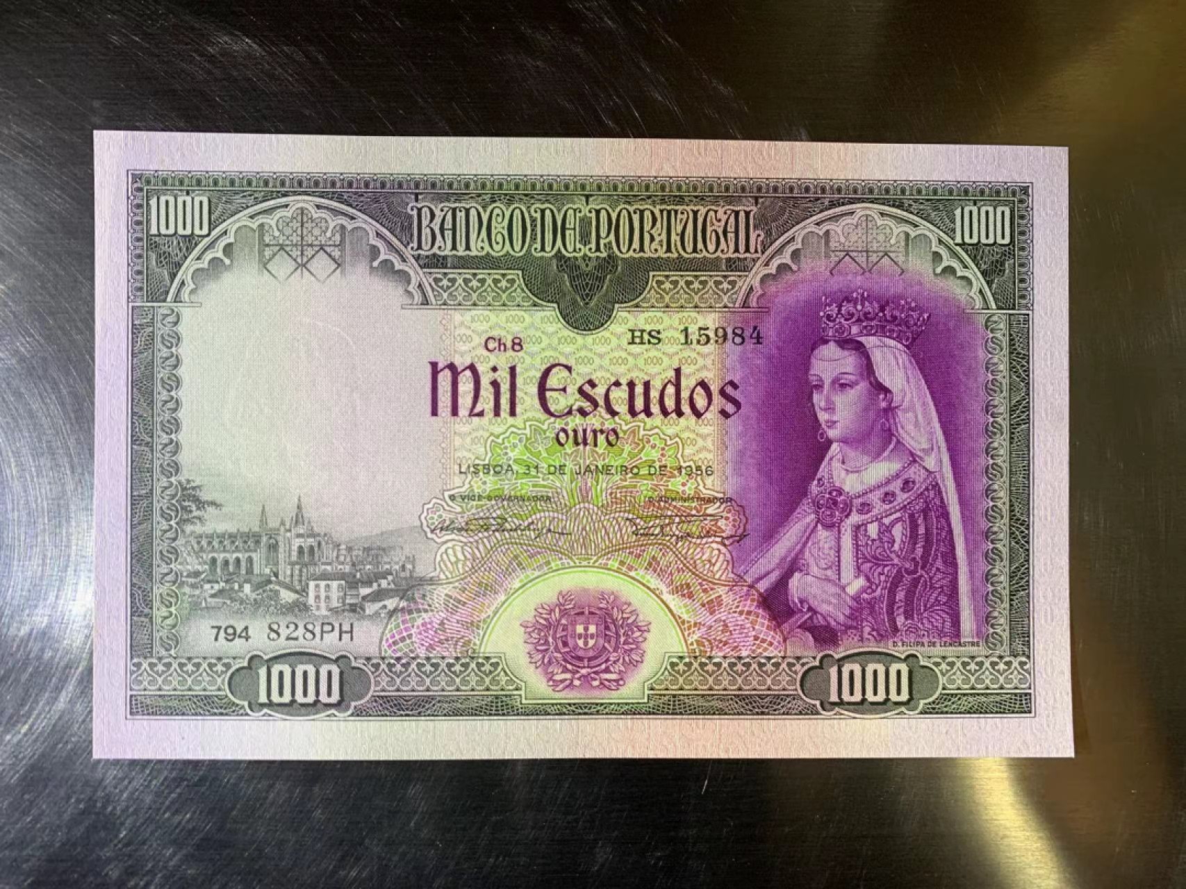 【Blue Auction】✨世界纸币精拍第252期——补号伦勃朗 RR.葡萄牙 1956年初版1000比塞塔 Filipa女王 全新UNC少见品相 BWC出品 非常漂亮