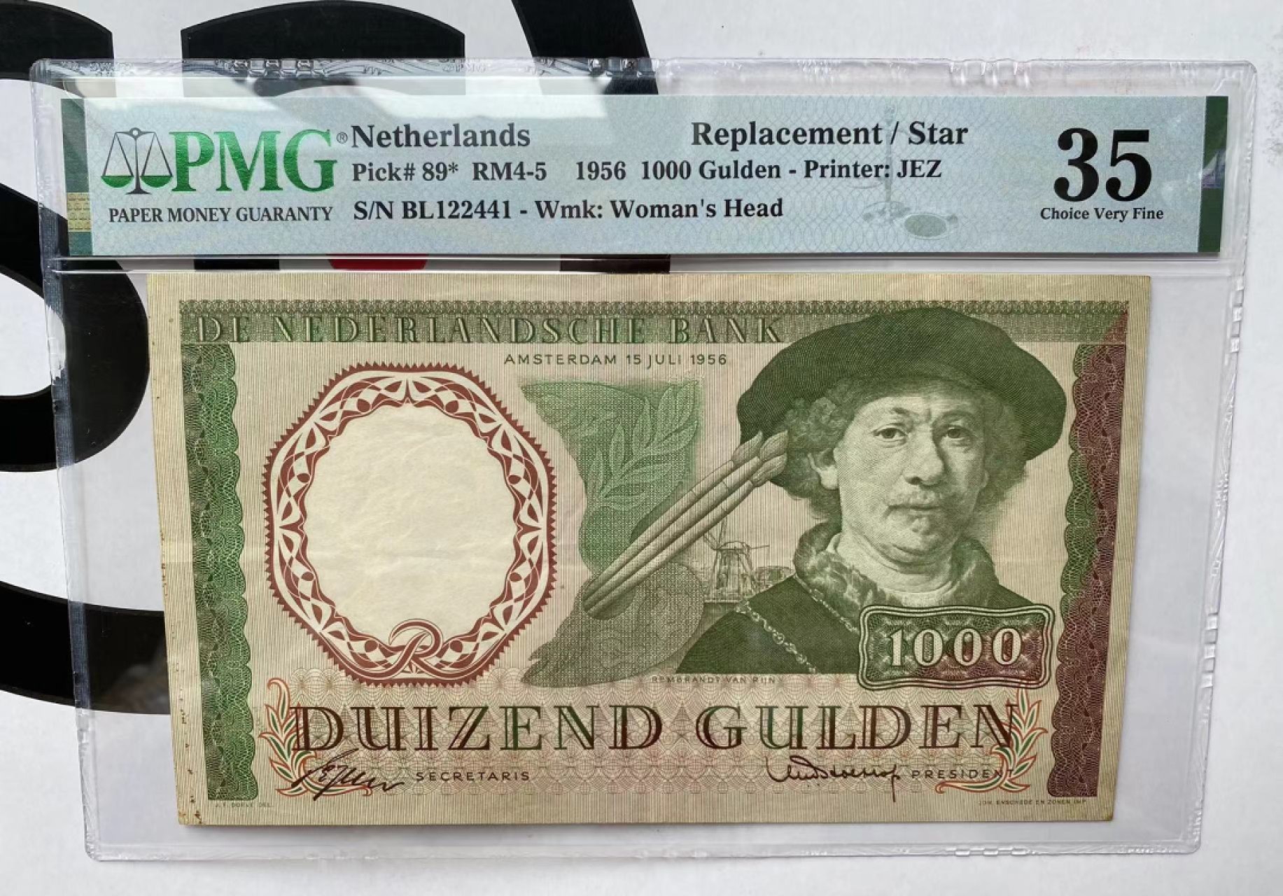 【Blue Auction】✨世界纸币精拍第252期——补号伦勃朗 RRR.【补号少见仅2个记录】荷兰 1956年1000盾 PMG35 经典伦勃朗 非常少见 正反面设计均十分精美  