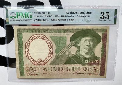 【Blue Auction】✨世界纸币精拍第252期——补号伦勃朗 - RRR.【补号少见仅2个记录】荷兰 1956年1000盾 PMG35 经典伦勃朗 非常少见 正反面设计均十分精美  