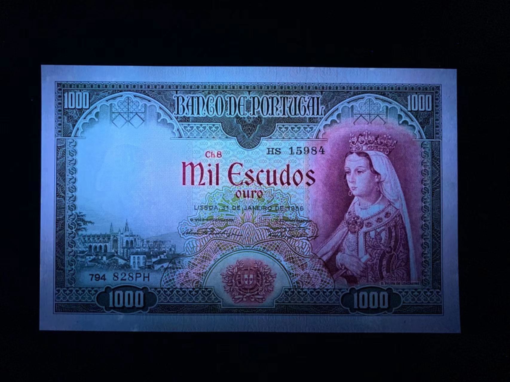 【Blue Auction】✨世界纸币精拍第252期——补号伦勃朗 RR.葡萄牙 1956年初版1000比塞塔 Filipa女王 全新UNC少见品相 BWC出品 非常漂亮