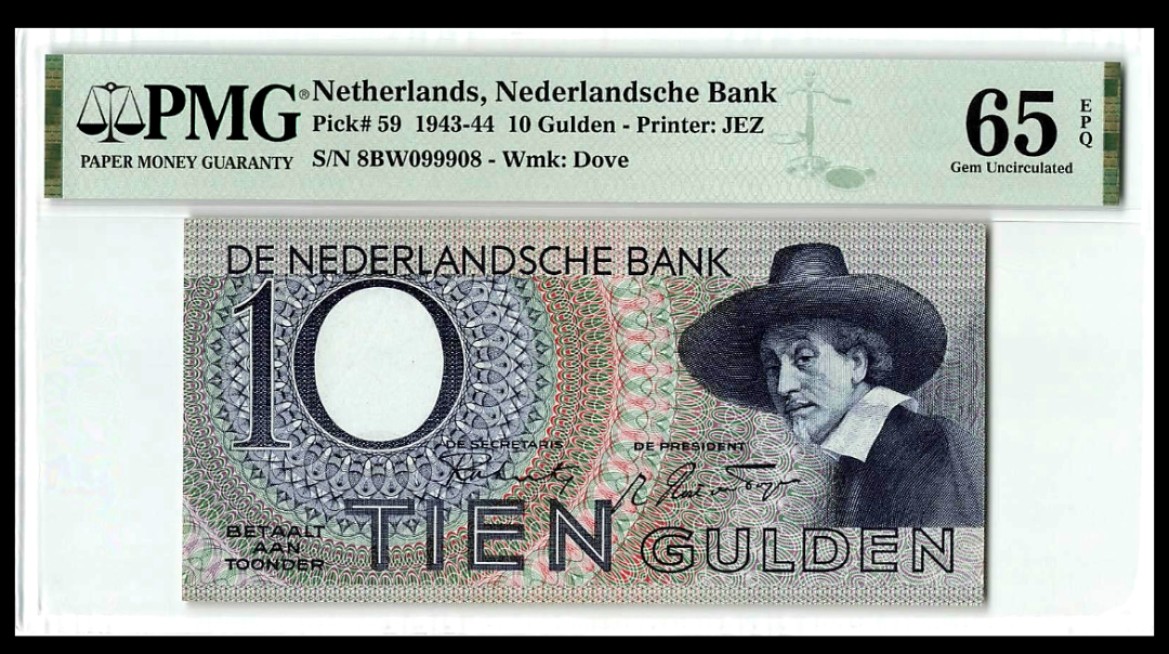 【Blue Auction】✨世界纸币精拍第252期——补号伦勃朗 【倒置号099908少见】荷兰 1943-44年10盾 PMG65EPQ 绝品