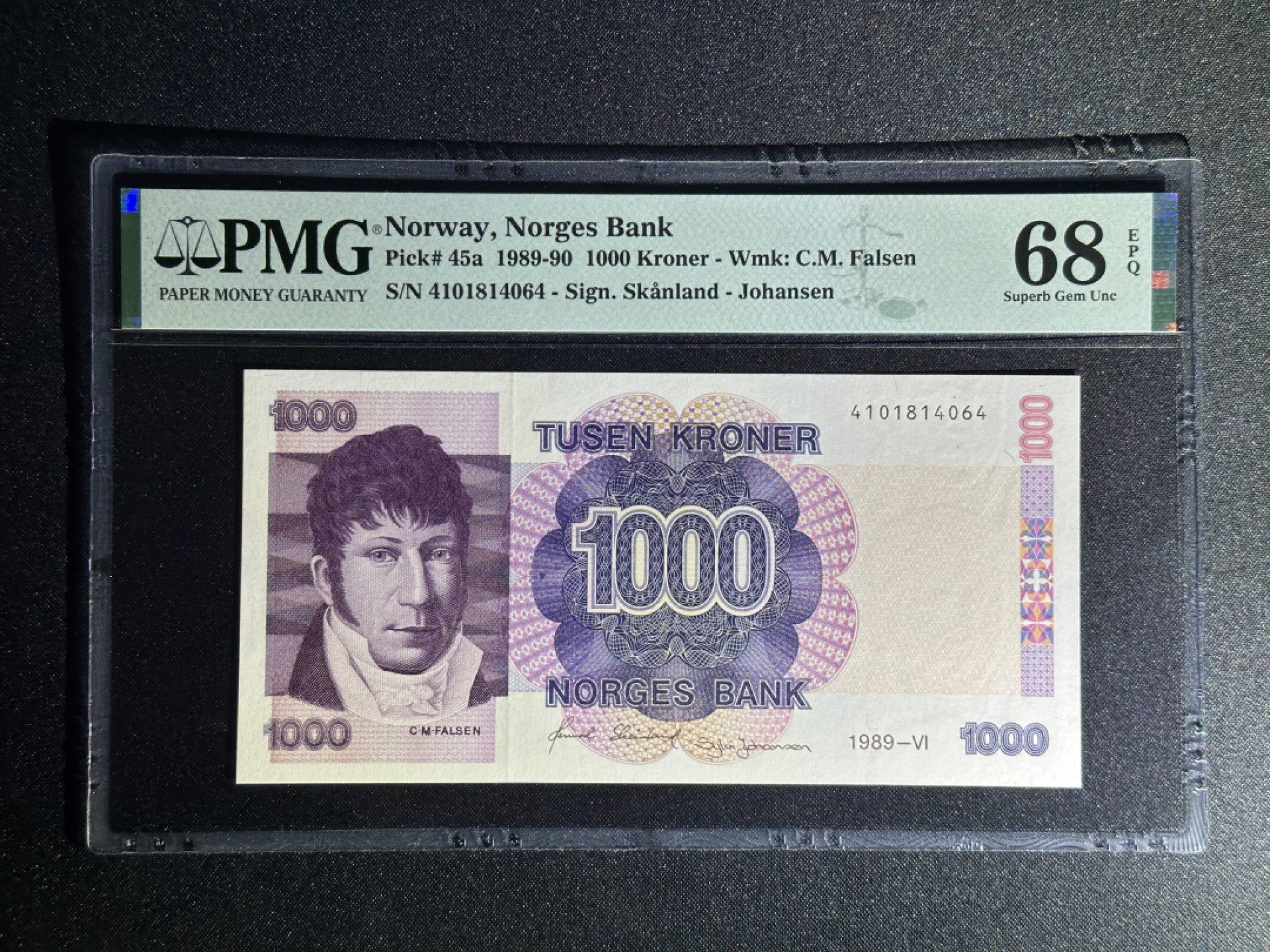《张总收藏》80期——外币大拍 挪威1000克朗 PMG68E P-45a 1989年首发年