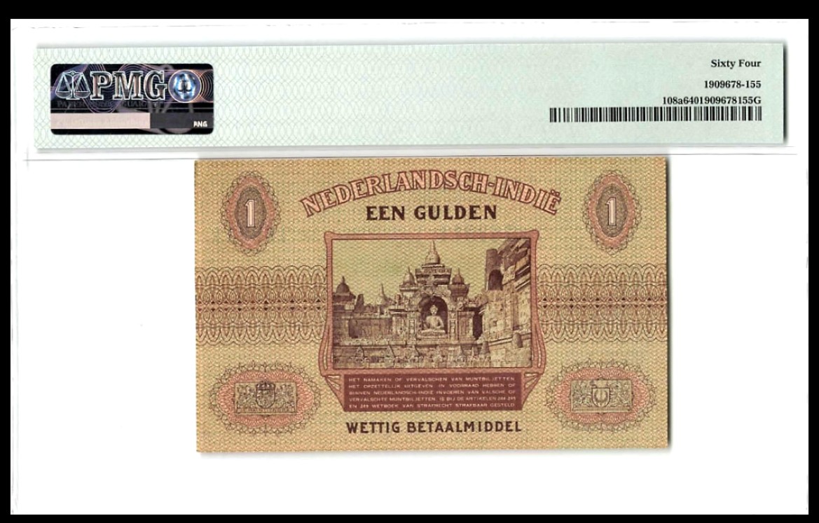 【Blue Auction】✨世界纸币精拍第252期——补号伦勃朗 【倒置号189911少见】荷属东印度 1940年1盾 PMG64 佛教主题