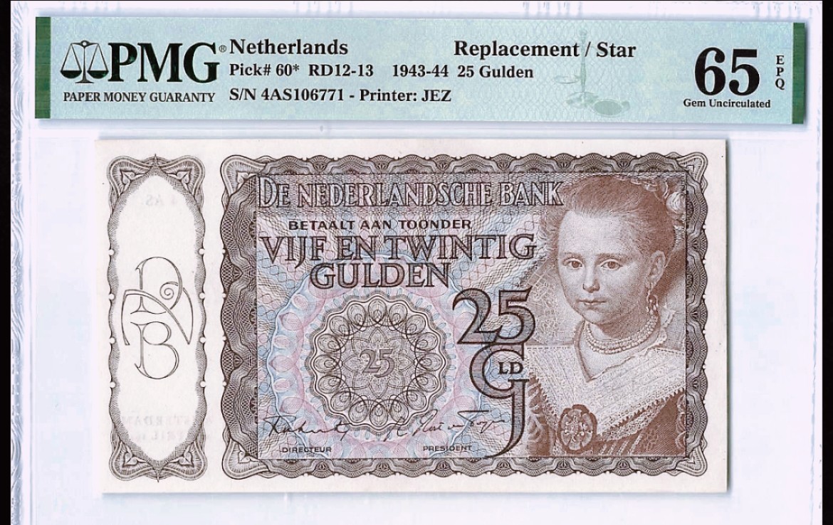 【Blue Auction】✨世界纸币精拍第252期——补号伦勃朗 【补号 亚军分】荷兰 1943-44年25盾 小女孩 PMG65EPQ 绝品 (66分前几期拍了9900元)