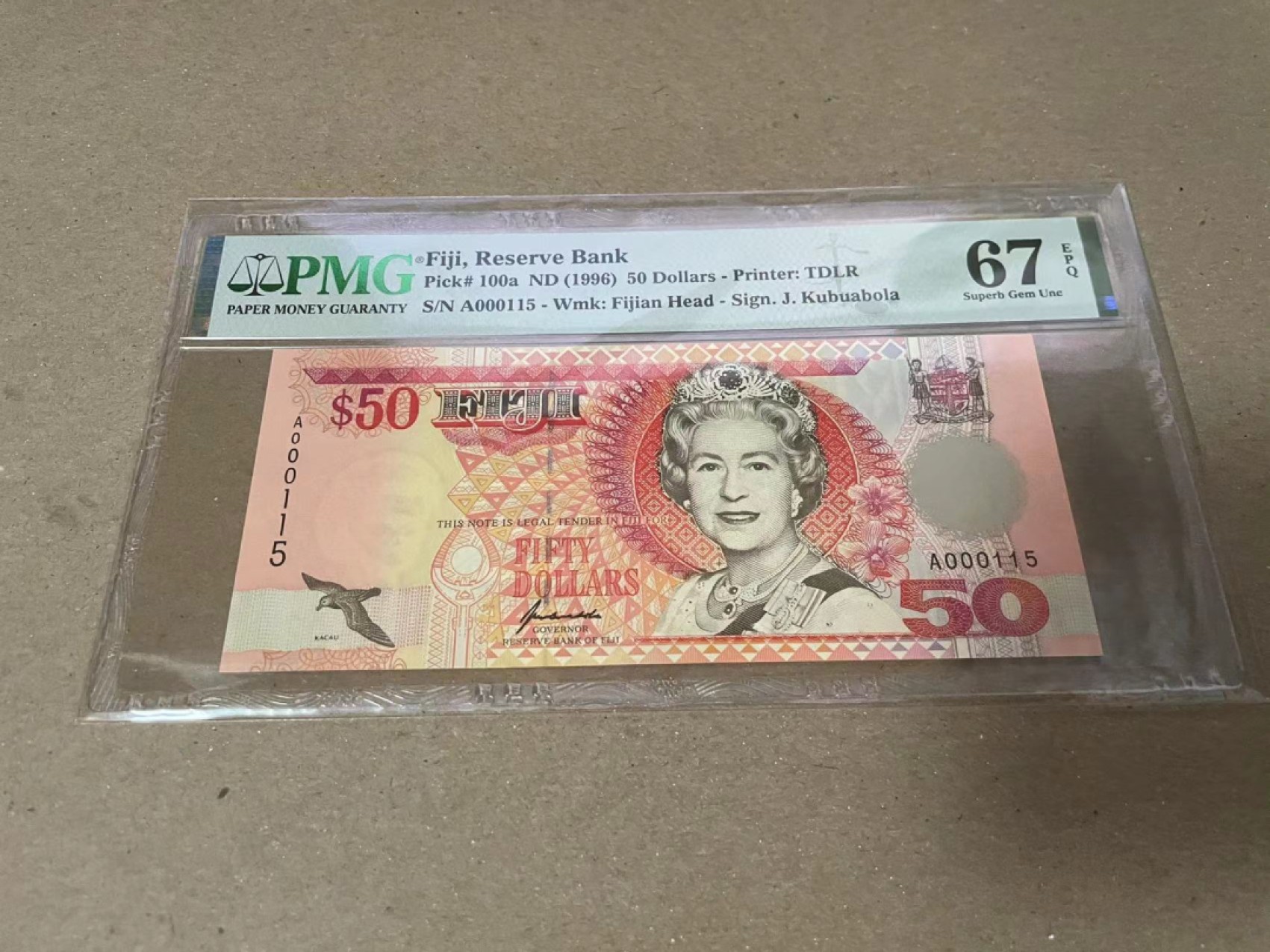 【Blue Auction】✨世界纸币精拍第252期——补号伦勃朗 【A冠115小号】斐济 1996年50元 PMG67EPQ 女王