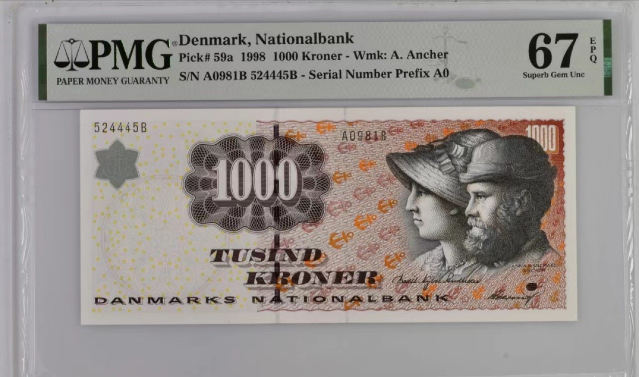 【Blue Auction】✨世界纸币精拍第252期——补号伦勃朗 R.【初版A0】丹麦 1998年1000克朗 PMG67EPQ 高分