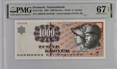 【Blue Auction】✨世界纸币精拍第252期——补号伦勃朗 - R.【初版A0】丹麦 1998年1000克朗 PMG67EPQ 高分