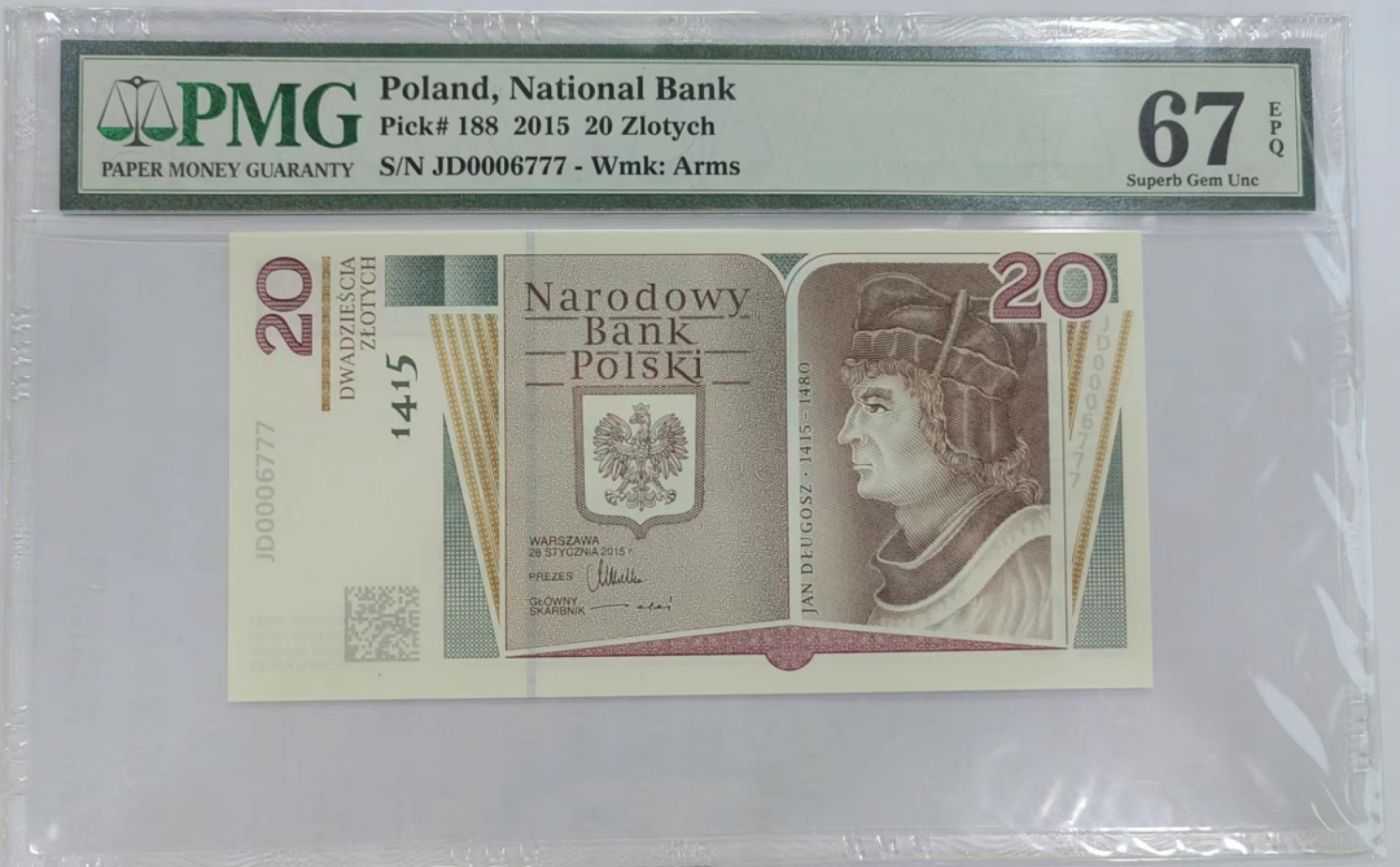 【Blue Auction】✨世界纸币精拍第252期——补号伦勃朗 【777豹子号少见】波兰 2015年20扎罗提 PMG67EPQ 