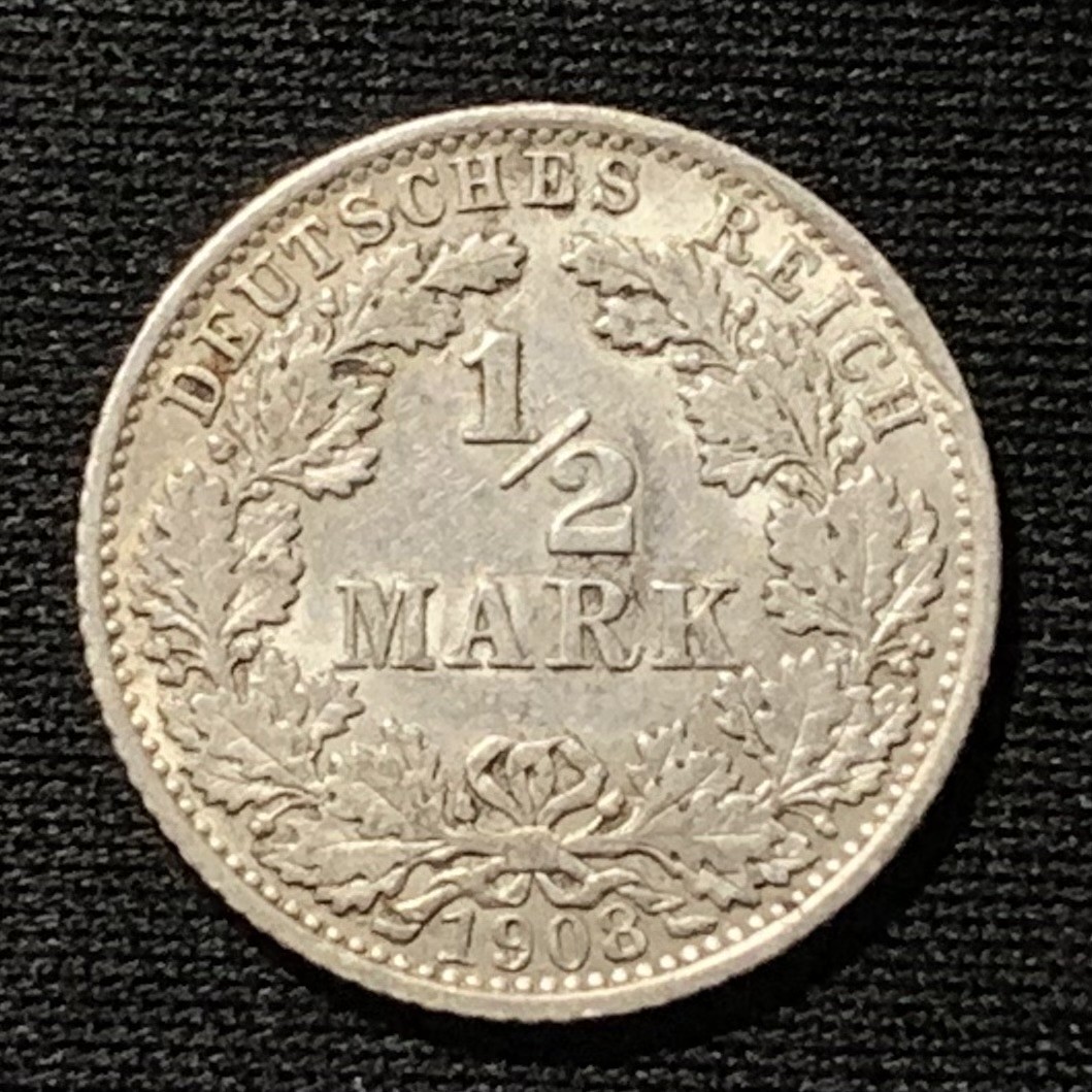 紫瑗钱币——第244期拍卖 德国 1908年 A版 第二帝国 1/2马克 2.77克 0.9银 UNC 