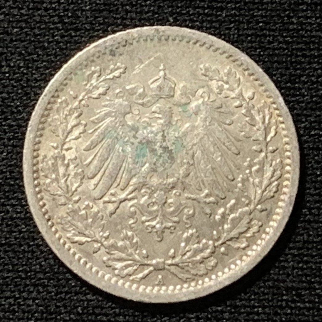 紫瑗钱币——第244期拍卖 德国 1913年 A版 第二帝国 1/2马克 2.77克 0.9银 UNC