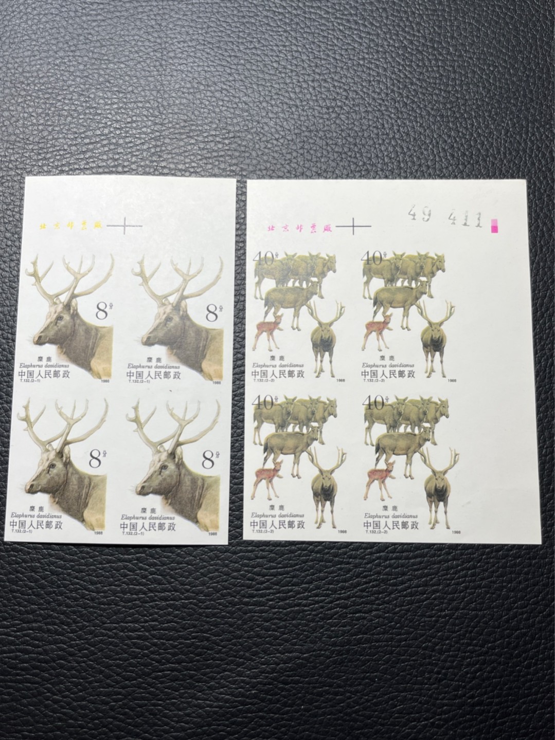 洪涛臻品批发群  精选邮票限时拍卖第八十九期 T132无齿麋鹿新全    厂名四方连一组 ，软折如图，上品，紫光灯下有瑕疵。精品版货  精工细裁 ，全程带硅胶手套操作，喜欢的老板不要错过