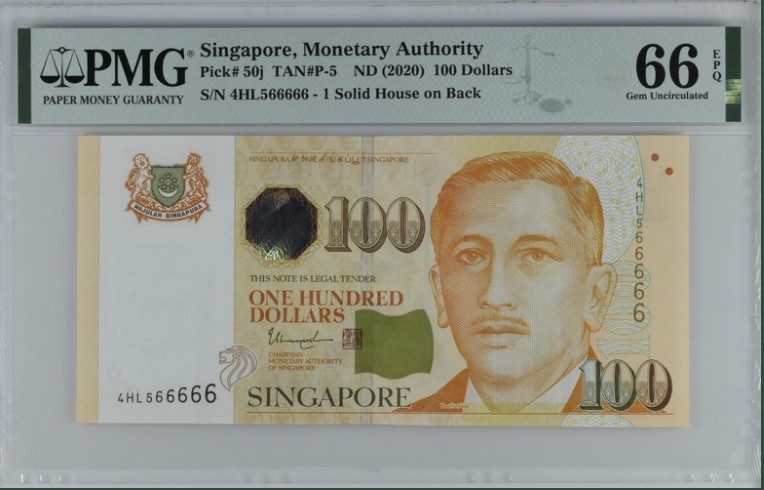 收藏联盟Quantum Auction 第211期拍卖  新加坡2020年100元 PMG66 老虎66666