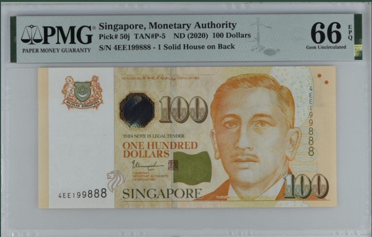 收藏联盟Quantum Auction 第211期拍卖  新加坡2020年100元 PMG66 豹子号888