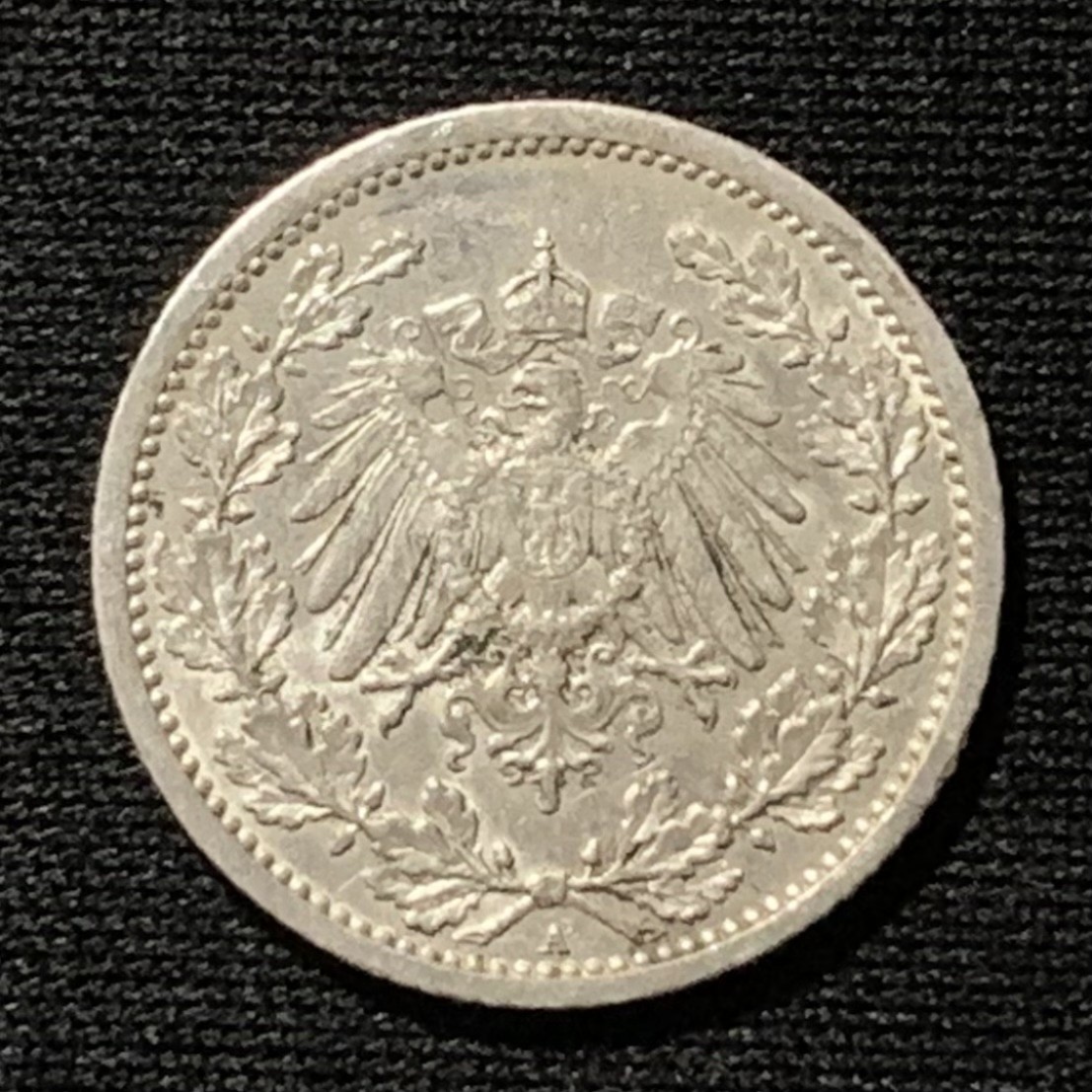 紫瑗钱币——第244期拍卖 德国 1908年 A版 第二帝国 1/2马克 2.77克 0.9银 UNC 