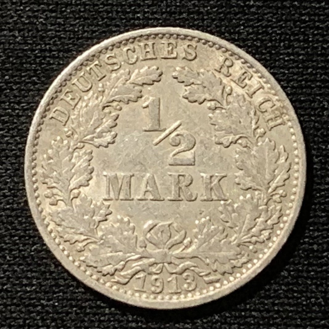 紫瑗钱币——第244期拍卖 德国 1913年 A版 第二帝国 1/2马克 2.77克 0.9银 UNC