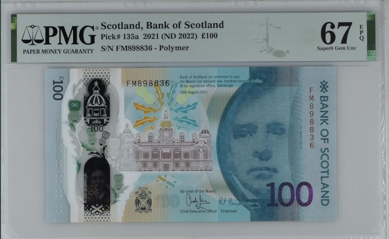 收藏联盟Quantum Auction 第211期拍卖  苏格兰2021年100镑 PMG66 号码无47 苏格兰医学先驱 芙洛娜博士