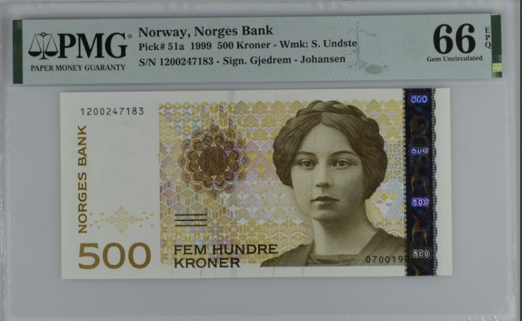 收藏联盟Quantum Auction 第211期拍卖  挪威1999年500克朗 PMG66 初版镭射标防伪