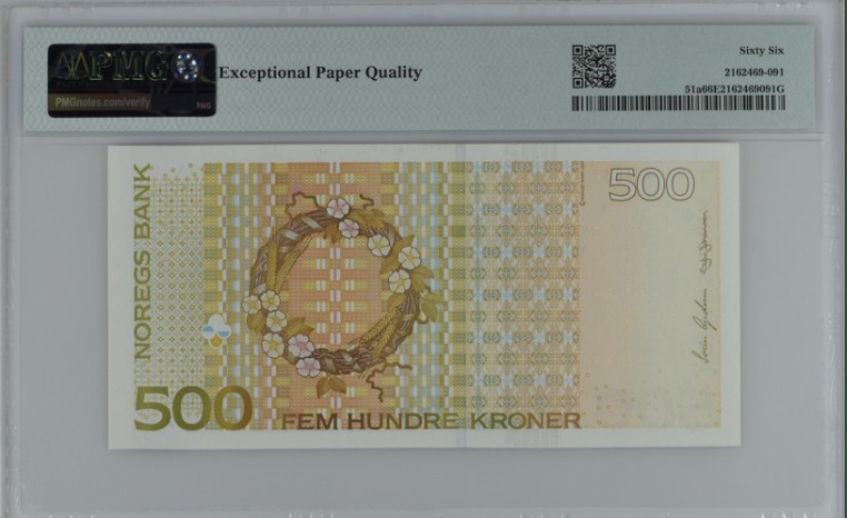 收藏联盟Quantum Auction 第211期拍卖  挪威1999年500克朗 PMG66 初版镭射标防伪