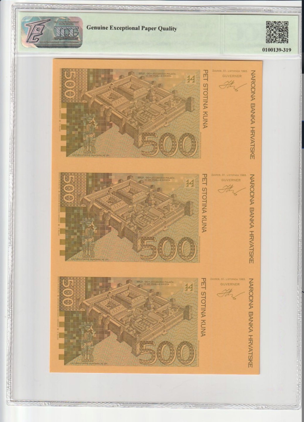 收藏联盟Quantum Auction 第211期拍卖  克罗地亚1994年500库纳单面雕刻试印样钞三连体 TQG67 稀少