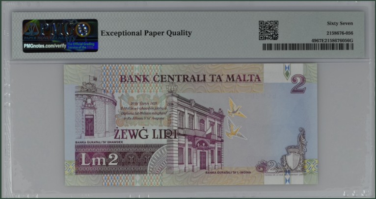 收藏联盟Quantum Auction 第211期拍卖  马耳他2000年2里拉千禧年纪念钞 PMG67 稀少冠军分