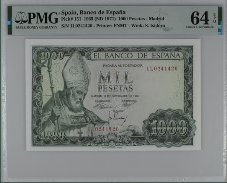 收藏联盟Quantum Auction 第211期拍卖  西班牙1965年1000比塞塔 PMG64e 大主教伊斯多罗