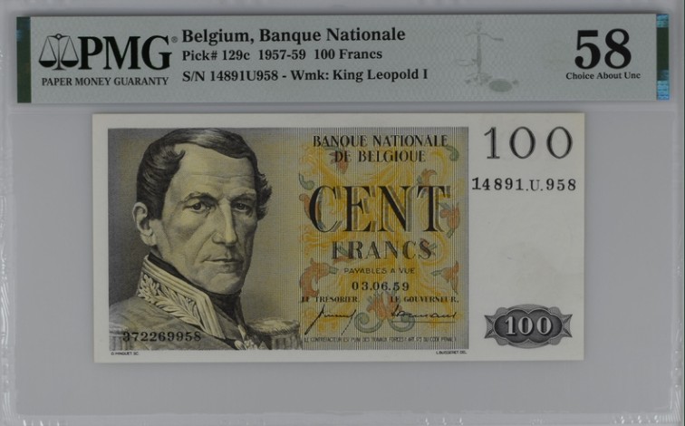 收藏联盟Quantum Auction 第211期拍卖  比利时1959年100法郎 PMG58 首任国王 利奥波德一世