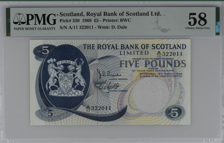 收藏联盟Quantum Auction 第211期拍卖  苏格兰皇家银行1969年5镑 PMG58