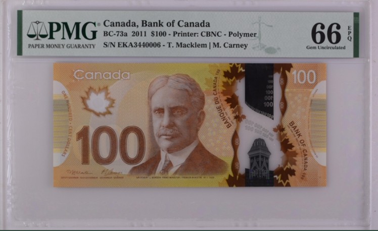 收藏联盟Quantum Auction 第211期拍卖  加拿大2010年100元 PMG66  自带豹子号000初版年份