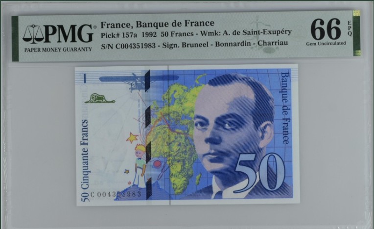 收藏联盟Quantum Auction 第211期拍卖  法国1992年50法郎 PMG66 小王子