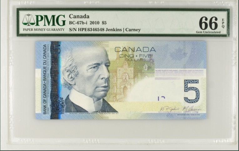 收藏联盟Quantum Auction 第211期拍卖  加拿大2010年5元 PMG66