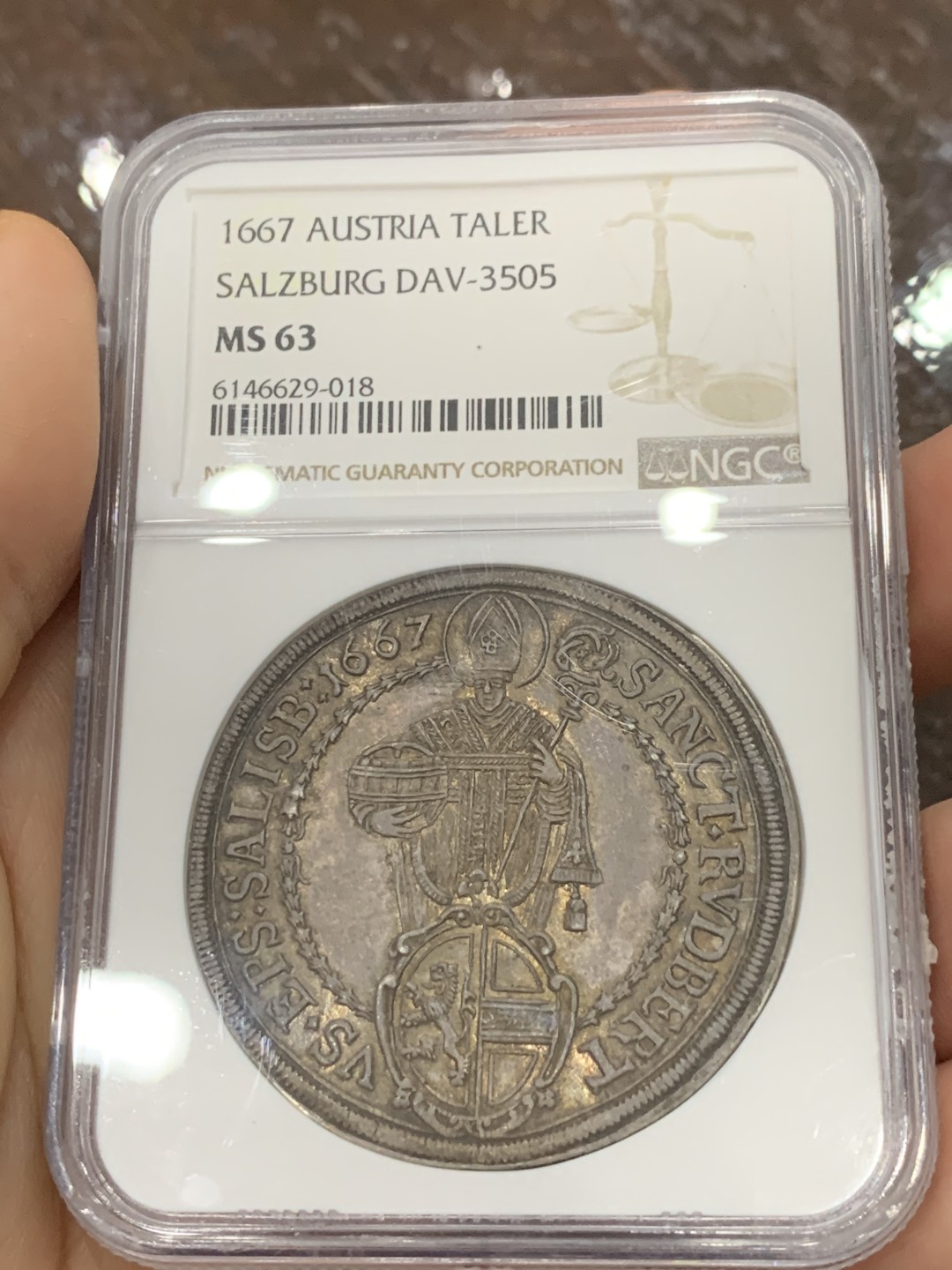 《竞宝斋》第118场-周日，周一 ，2场连拍（全场包邮） NGC MS63 唯一冠军分 奥地利 萨尔茨堡 1667年 泰勒 大银币 正反深打 底板光亮 深彩包浆 加分元素齐全 难得