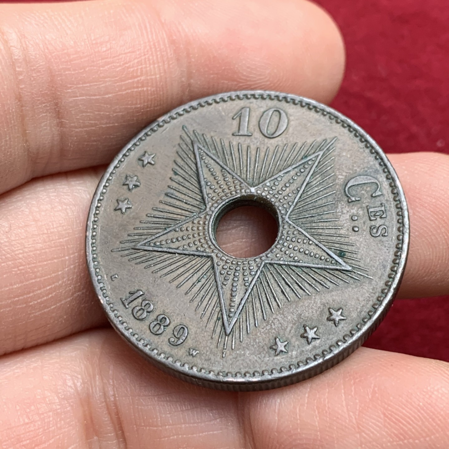 《竞宝斋》第118场-周日，周一 ，2场连拍（全场包邮） 比属刚果 1889年 10分 老包浆 大铜币