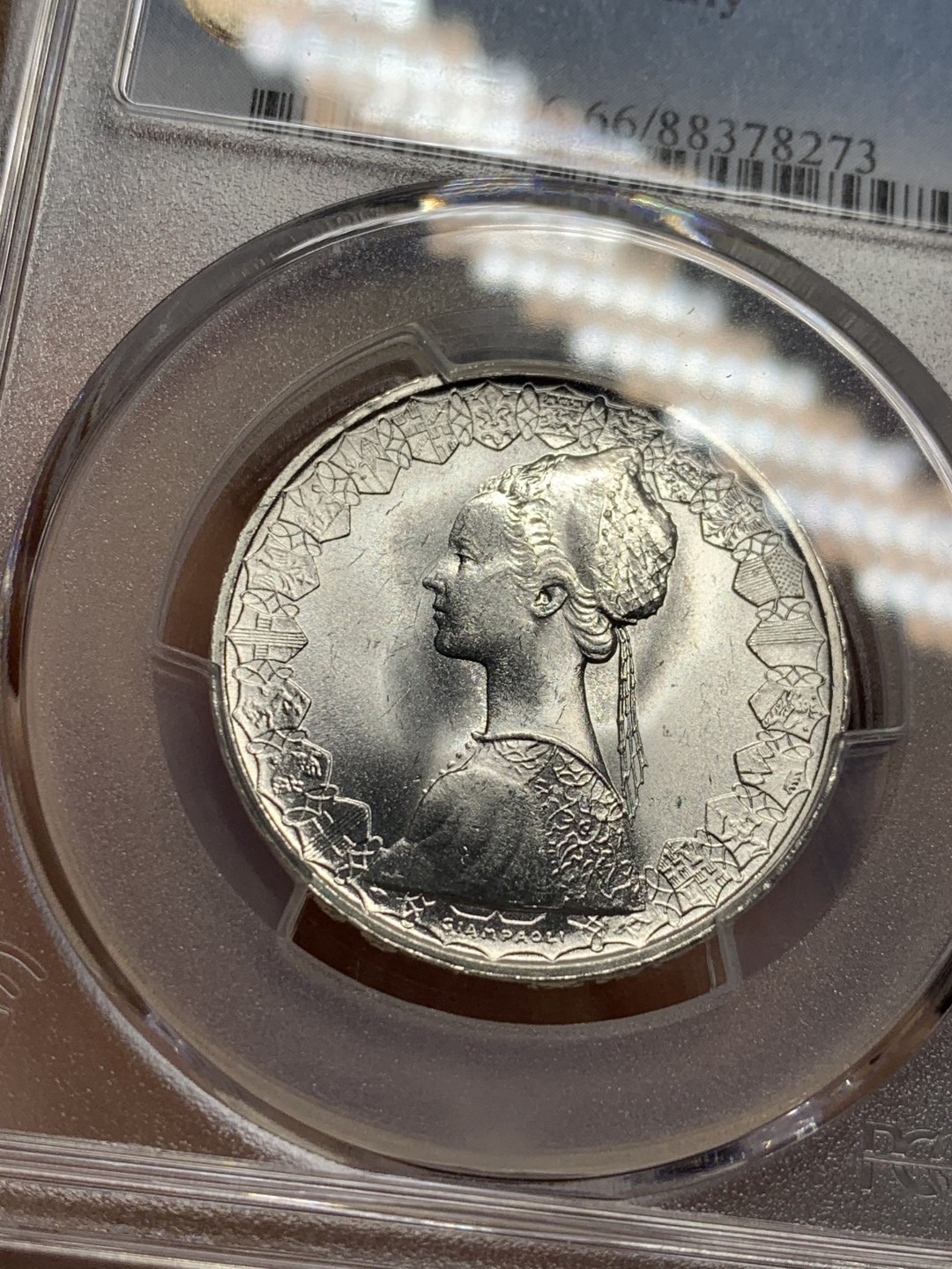 《竞宝斋》第118场-周日，周一 ，2场连拍（全场包邮） PCGS MS66 1967年意大利人妻帆船500里拉银币 极致品相 仅一枚更高分