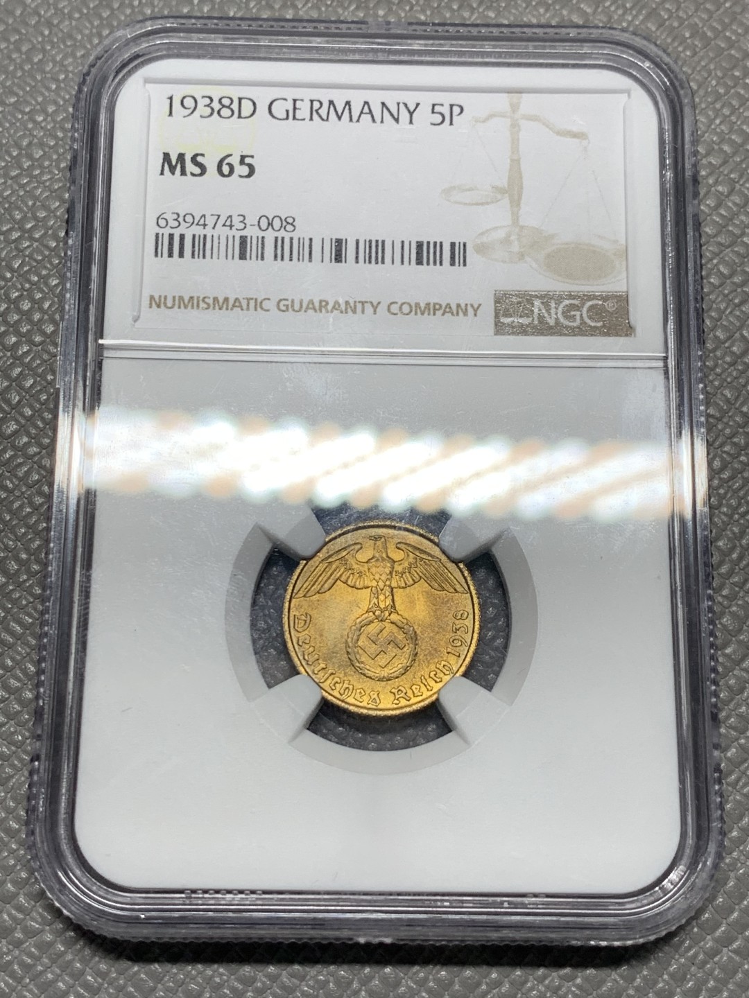 《竞宝斋》第118场-周日，周一 ，2场连拍（全场包邮） NGC-MS65 N盒亚军分！！ 德国 1938 德意志第三帝国 5分尼铜币 币面干净包浆自然 工艺问题高分不易
