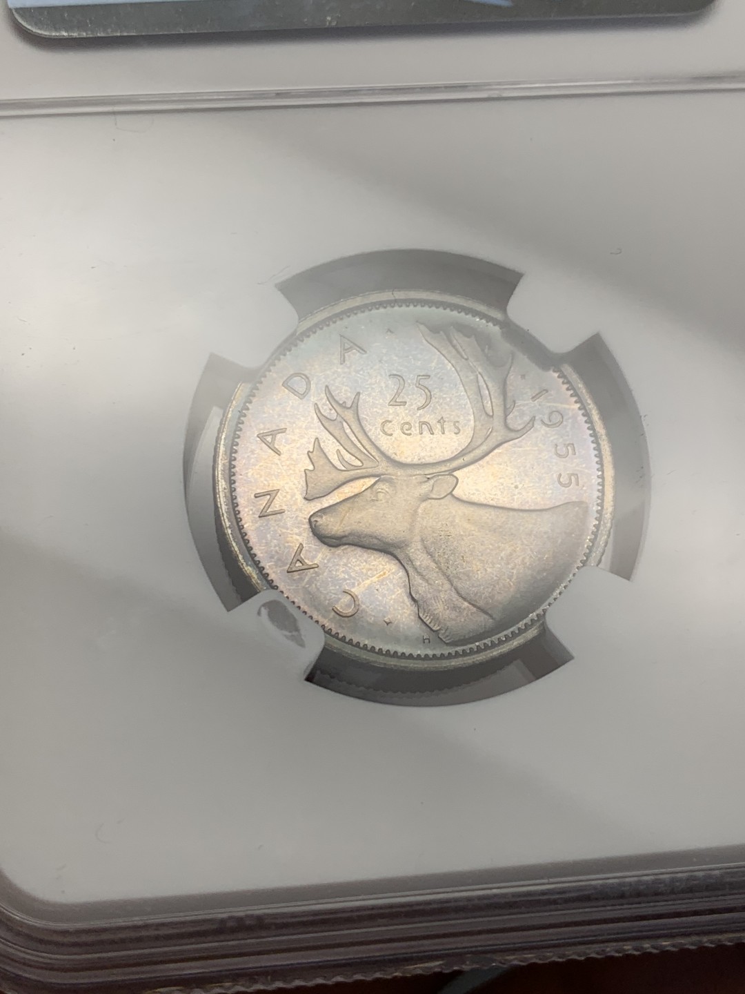 《竞宝斋》第118场-周日，周一 ，2场连拍（全场包邮） NGC-PL62 1955伊丽莎白早期加拿大五彩类精制银币25分，鹿头十分漂亮