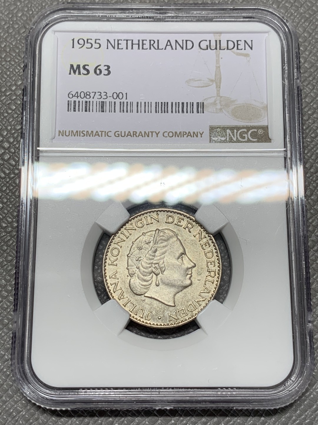 《竞宝斋》第118场-周日，周一 ，2场连拍（全场包邮） NGC MS63 荷兰 1955年 1盾银币