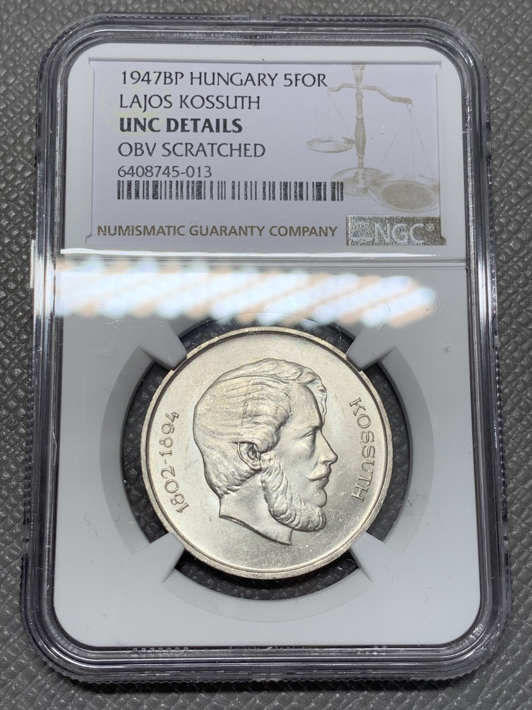 《竞宝斋》第118场-周日，周一 ，2场连拍（全场包邮） NGC UNC 匈牙利 1947年 科苏特·拉约什 5福林 银币