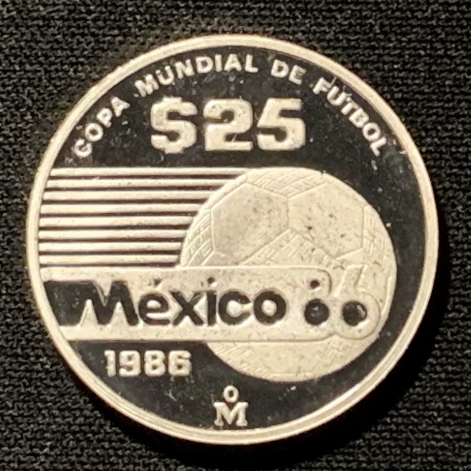 紫瑗钱币——第251期拍卖 墨西哥 1986年 墨西哥世界杯 右边足球 25比索 8.4克 0.925银 精制