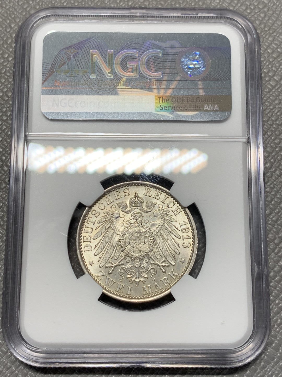 《竞宝斋》第118场-周日，周一 ，2场连拍（全场包邮） NGC-MS62 德国普鲁士1913年威廉二世在位25周年纪念2马克银币