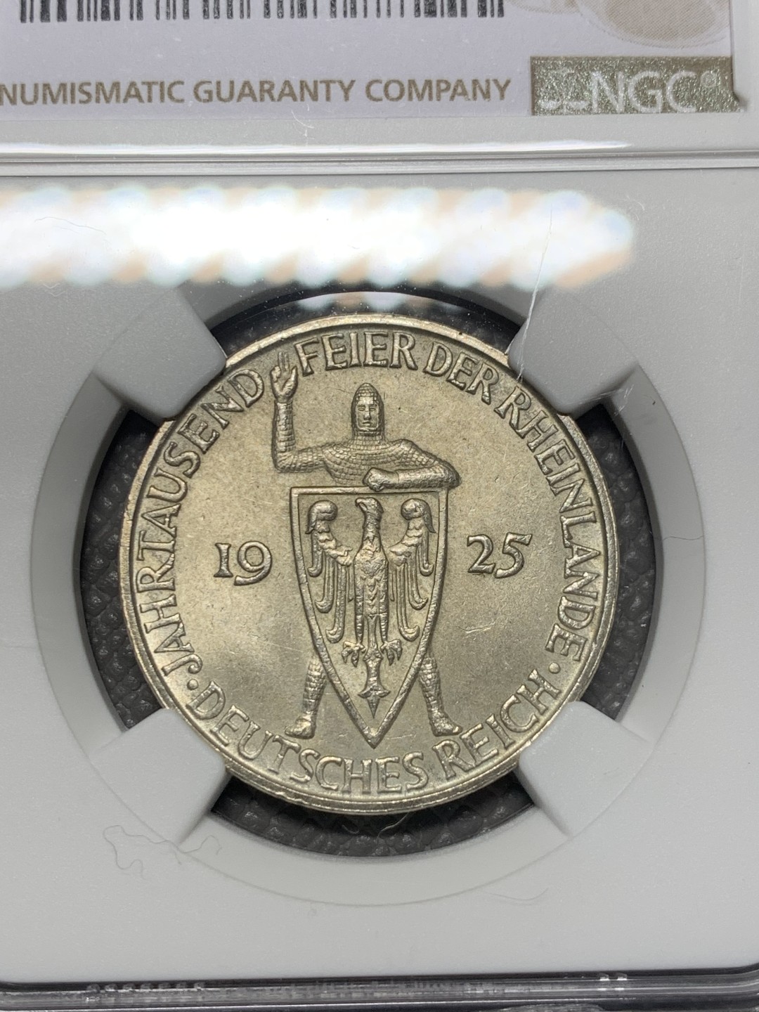 《竞宝斋》第118场-周日，周一 ，2场连拍（全场包邮） NGC-MS63 魏玛德国1925年莱茵千年3马克银币