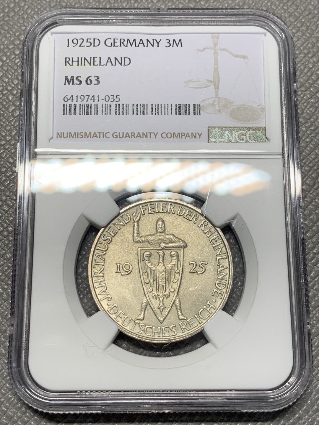 《竞宝斋》第118场-周日，周一 ，2场连拍（全场包邮） NGC-MS63 魏玛德国1925年莱茵千年3马克银币
