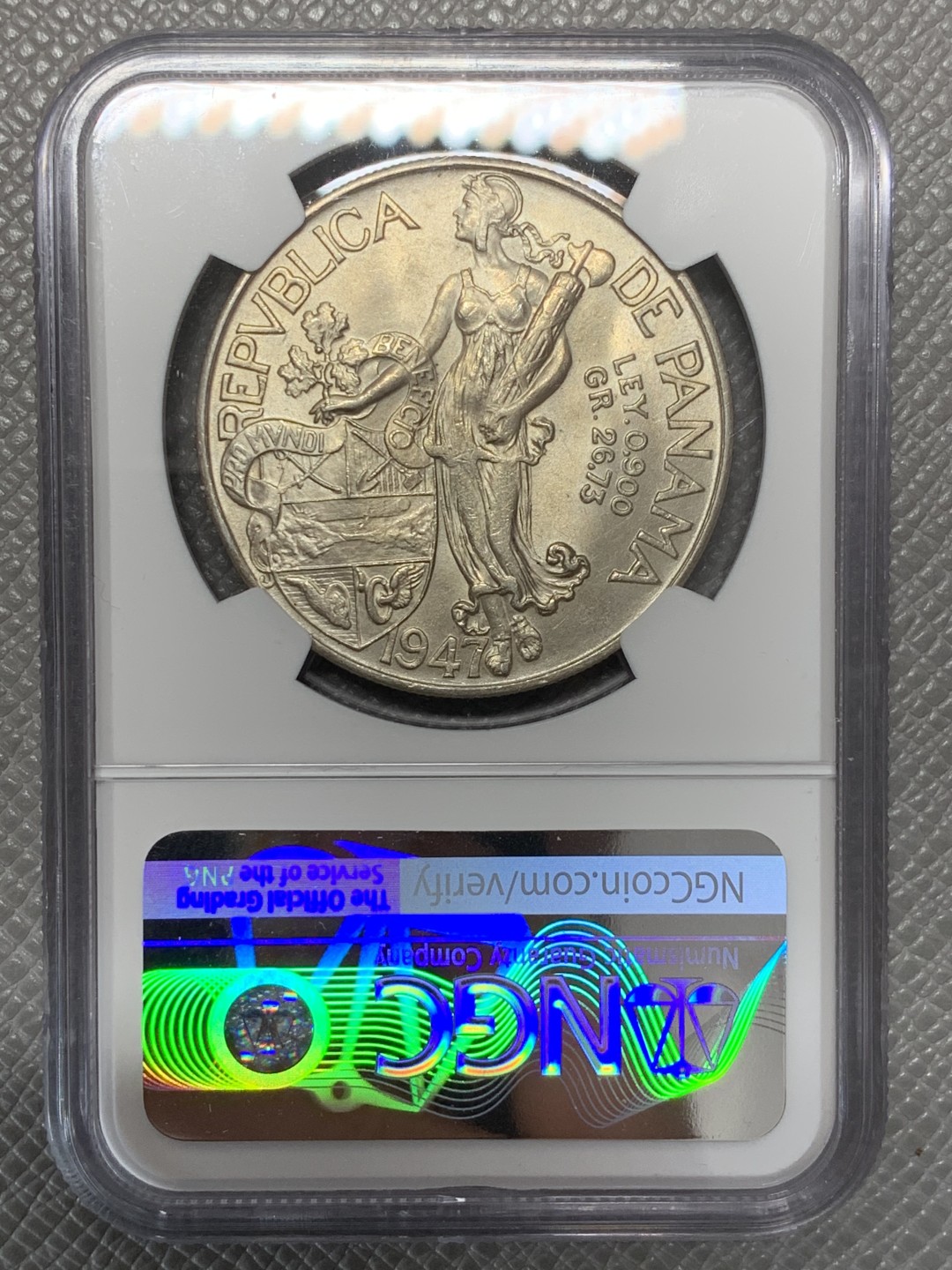 《竞宝斋》第118场-周日，周一 ，2场连拍（全场包邮） NGC MS63 巴拿马1947年1 巴波亚 女神 银币
