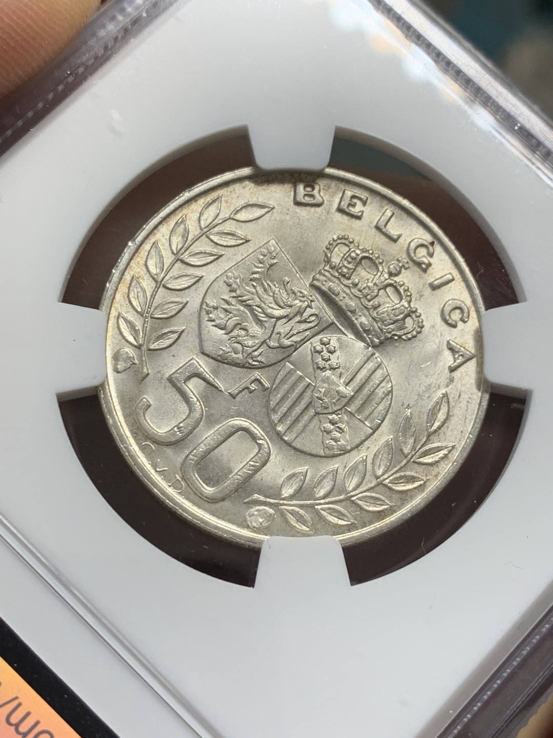 《竞宝斋》第118场-周日，周一 ，2场连拍（全场包邮） NGC MS63 比利时1960年 50法郎 国王结婚纪念银币