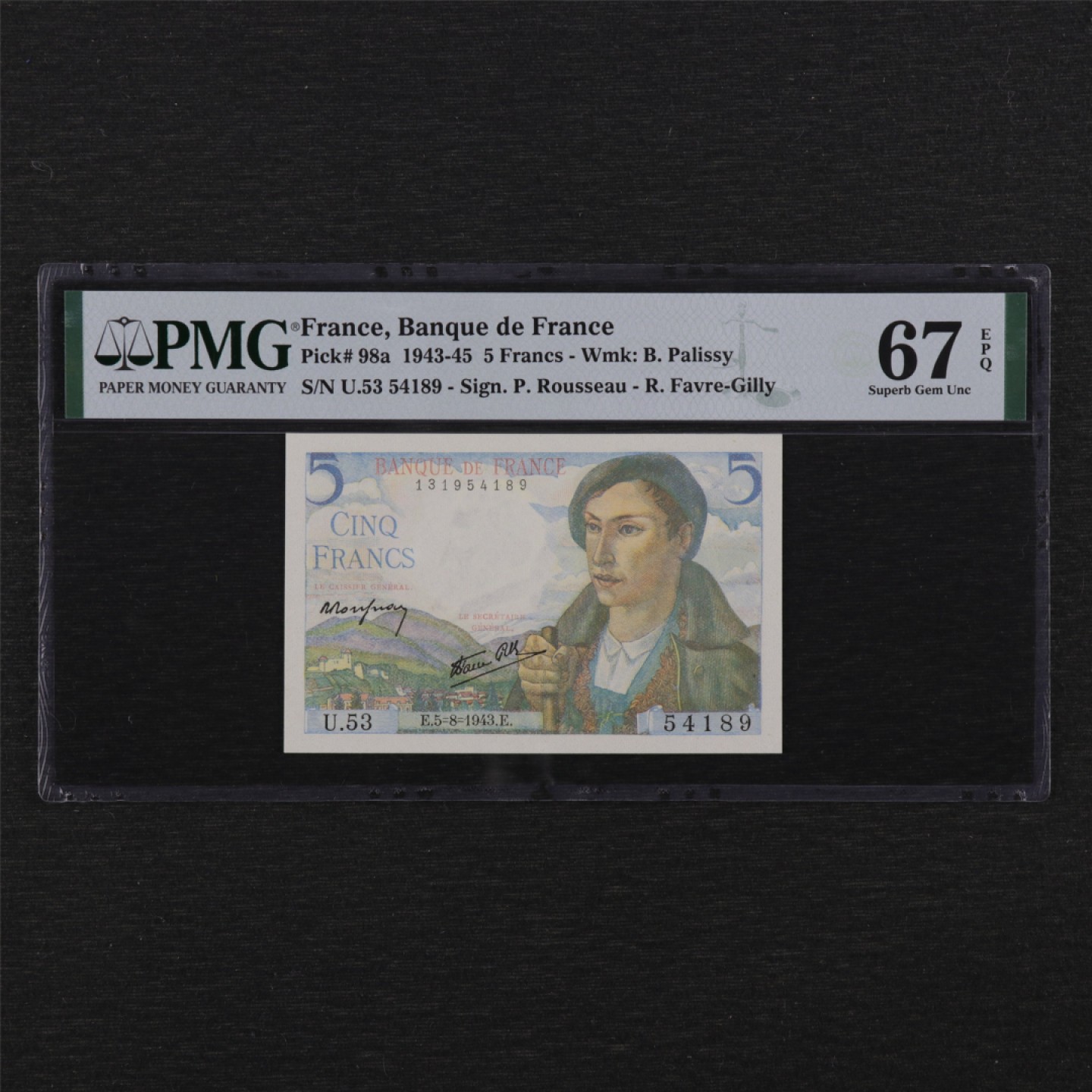 【亘邦集藏】第142期拍卖 1943-45年 法国5法郎 PMG 67EPQ 54189