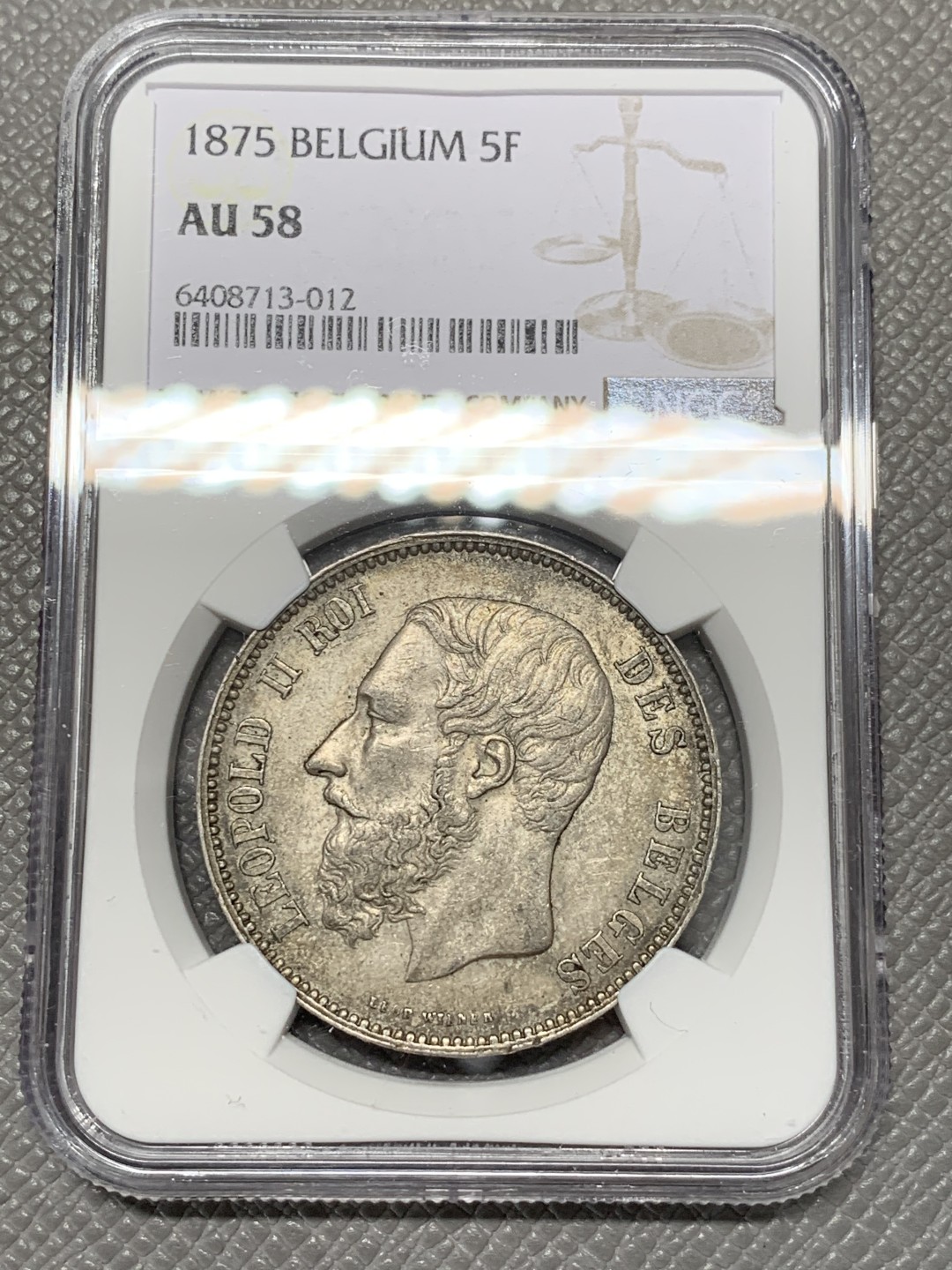 《竞宝斋》第118场-周日，周一 ，2场连拍（全场包邮） NGC AU58 比利时 1875年 5法郎 银币 原味包浆 细节好