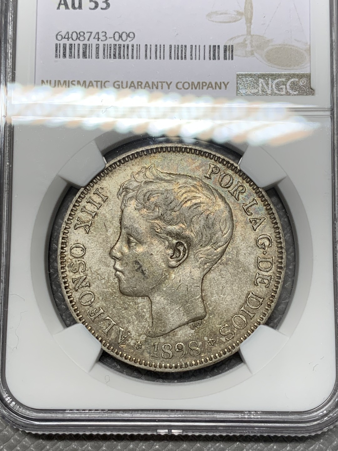 《竞宝斋》第118场-周日，周一 ，2场连拍（全场包邮） NGC AU53 西班牙 1898年 阿方索十三世 小孩头 5比塞塔银币