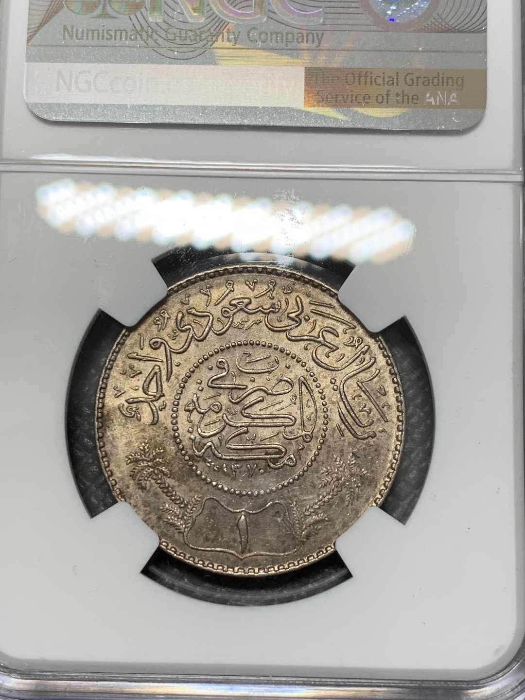 《竞宝斋》第118场-周日，周一 ，2场连拍（全场包邮） NGC UNC 1950年沙特阿拉伯 1 RIYAL 原味无洗 原味包浆