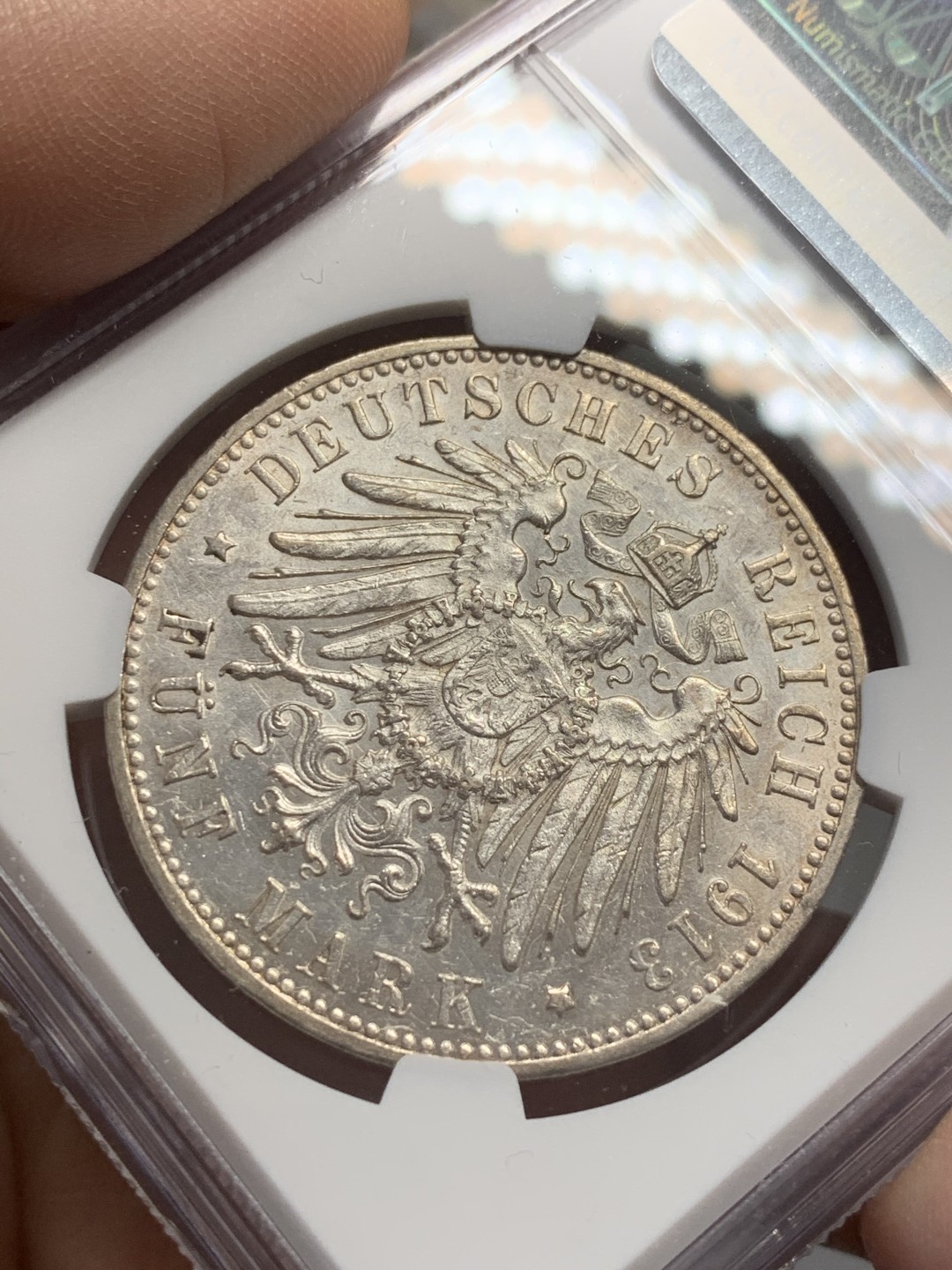 《竞宝斋》第118场-周日，周一 ，2场连拍（全场包邮） NGC UNC 德国 1913年 符腾堡 大胡子 5马克 大银币 淡彩包浆 光度好