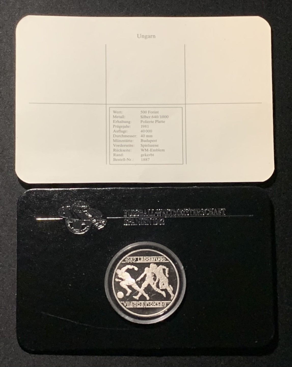 紫瑗钱币——第317期拍卖 匈牙利 1982年 西班牙世界杯 抢断 500福林 28克 0.64银 精制 德国原装卡