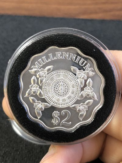 【海寧潮】拍卖第五十期大家嗨起来 - 【海寧潮】开曼1999年2000千禧年钟表梅花形异形纪念银币,有瑕疵，999银，15.552克，直径31毫米